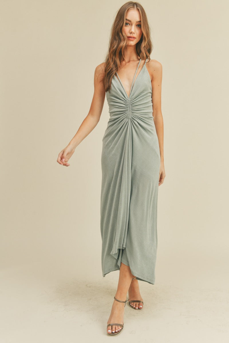 Ruched Halter Satin Midi Dress