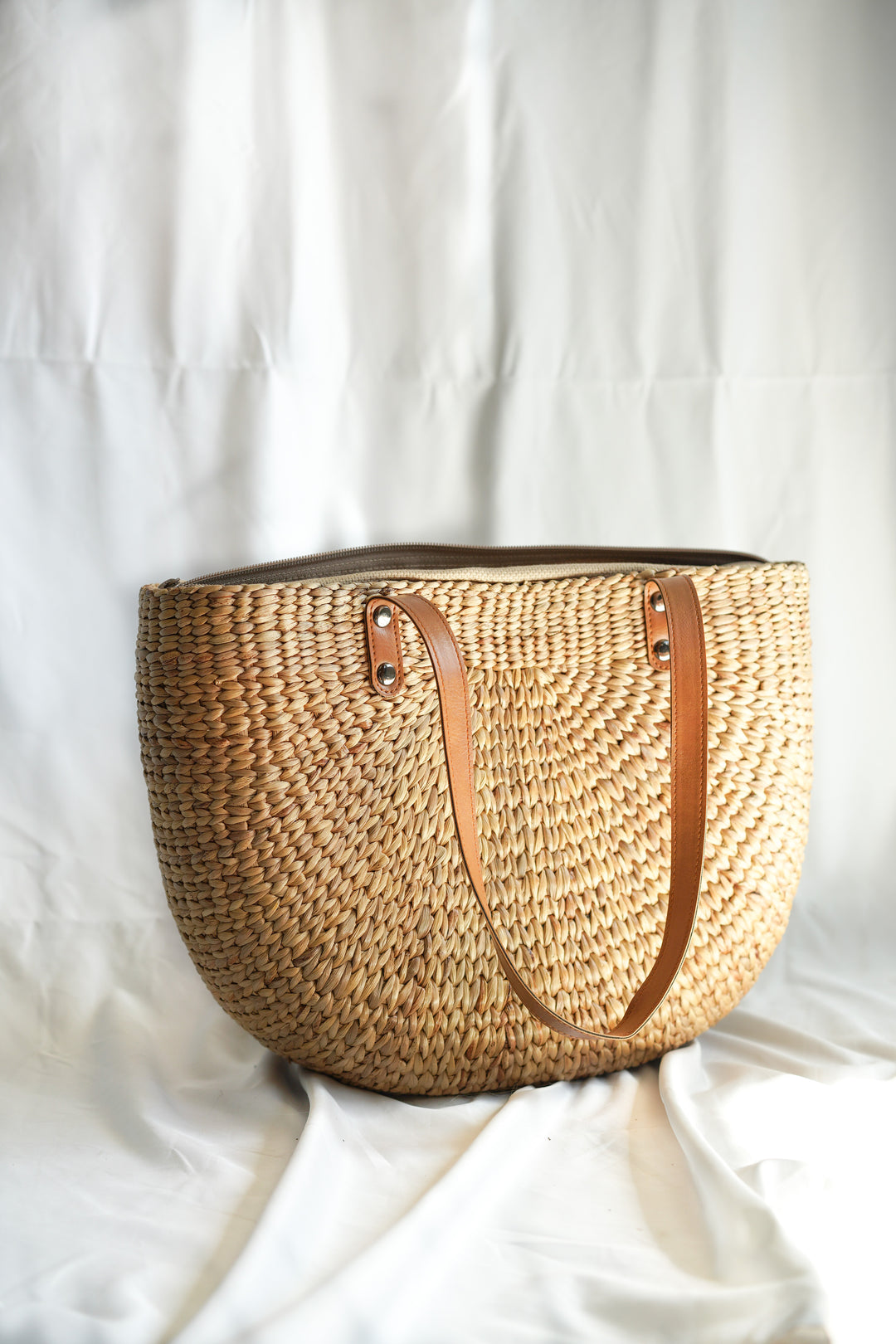 handwoven summer beach bag, market tote or everyday bag with faux leather handles